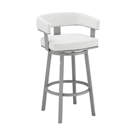 Armen Living Lorin 30" Bar Height Swivel Bar Stool in Silver Finish with White Faux Leather LCLRBASLWH30